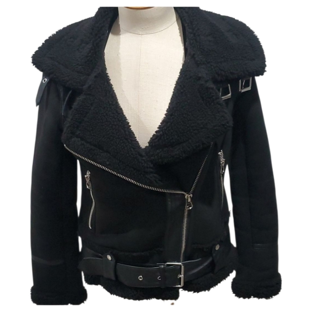 Zara Black Shearling Moto Jacket size XS Bloggers choice